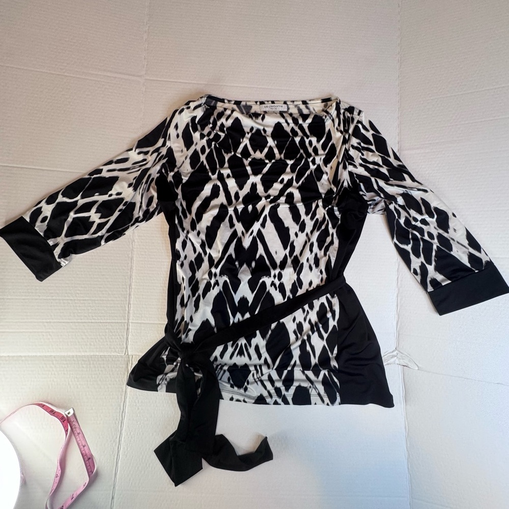 Liz Claiborne Petite Ikat Black White Belted Tunic PL Stretch Geometric Blouse - Picture 6 of 10